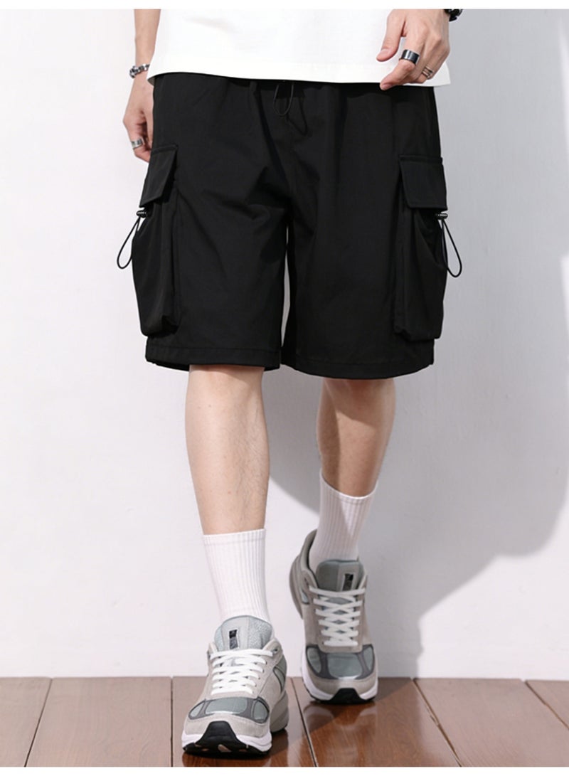 Men's Black Techwear Cargo Shorts Casual Elastic Waist Shorts with Toggle Drawstring and Utility Pockets - Image 3